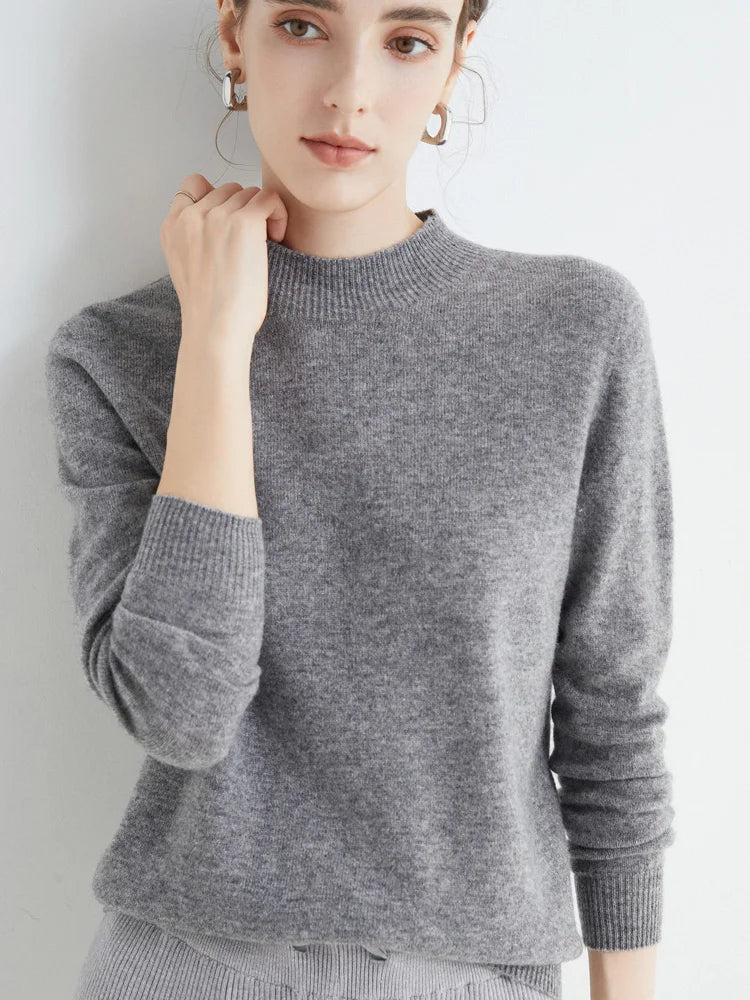 Women 100% Merino Wool Sweater For Autumn Winter  First Line Seamless Half-high Collar Pullover Basic Top OL Solid Soft Cashmere