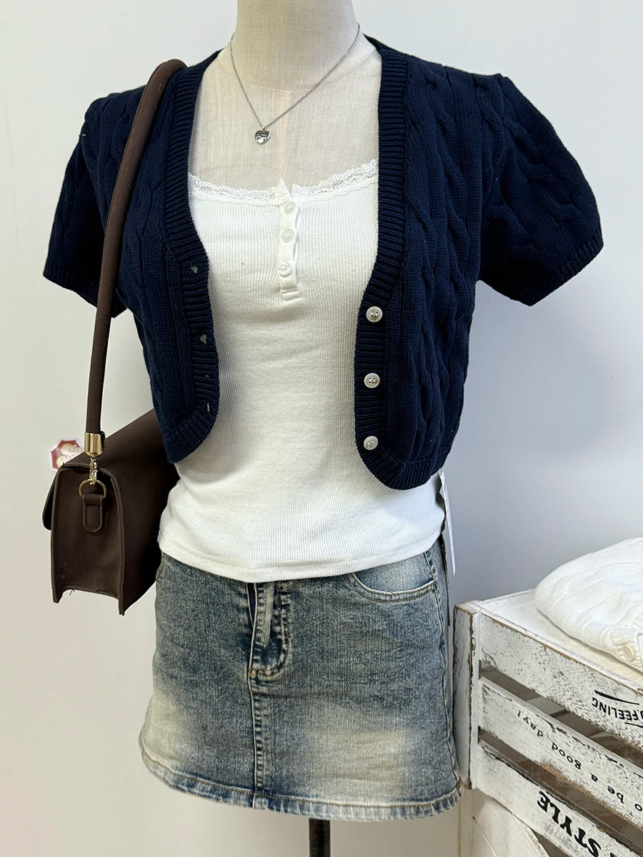Twisted Flower Cropped Knitwear Women Cotton V-neck Single Breasted Long Sleeve Slim Crop Tops Vintage Chic Sweater Cardigan Y2K