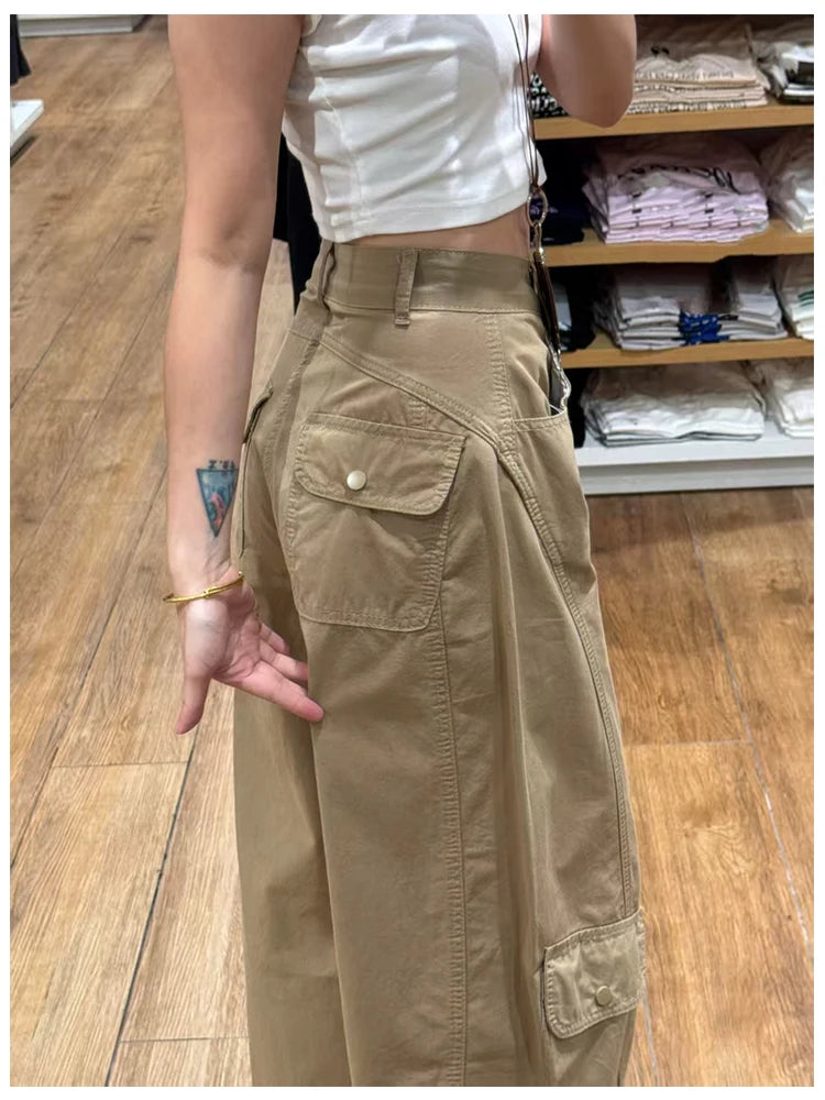 American Style plus Size Military Green Denim Pants Women's Spring Loose Slim Wide Leg Casual Trousers Multiple Pockets