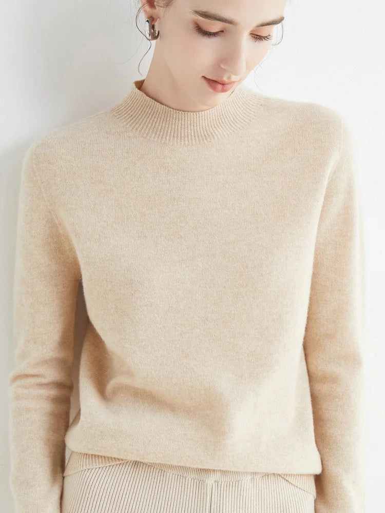 Women 100% Merino Wool Sweater For Autumn Winter  First Line Seamless Half-high Collar Pullover Basic Top OL Solid Soft Cashmere