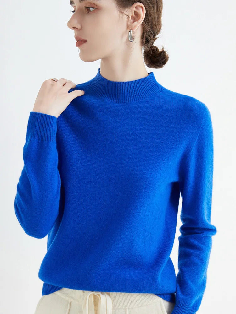 Women 100% Merino Wool Sweater For Autumn Winter  First Line Seamless Half-high Collar Pullover Basic Top OL Solid Soft Cashmere