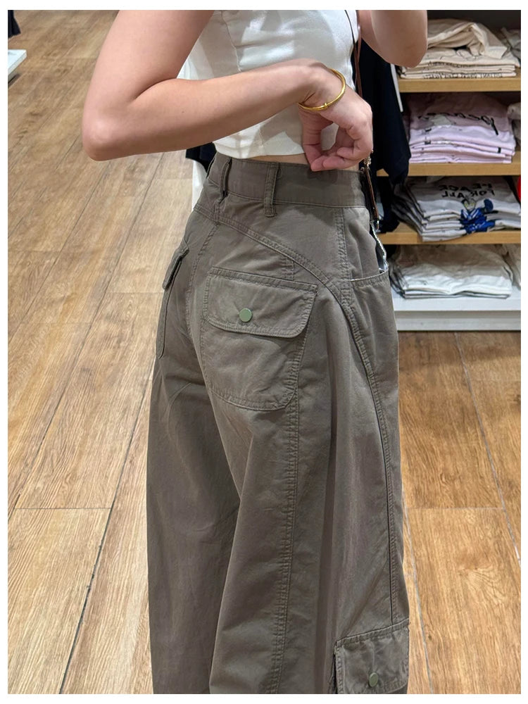 American Style plus Size Military Green Denim Pants Women's Spring Loose Slim Wide Leg Casual Trousers Multiple Pockets