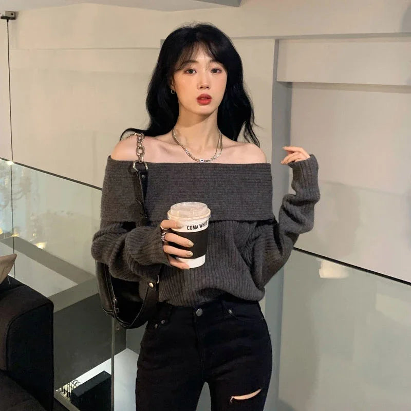 Smvp Slash Neck Knitted Sweater Women Sexy Off Shoulder Long Sleeve Pullovers Female Korean Elegant Thicken Slim Jumpers Top