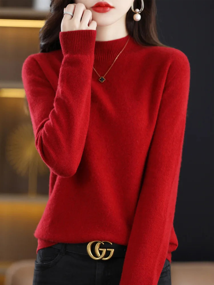 Women 100% Merino Wool Sweater For Autumn Winter  First Line Seamless Half-high Collar Pullover Basic Top OL Solid Soft Cashmere