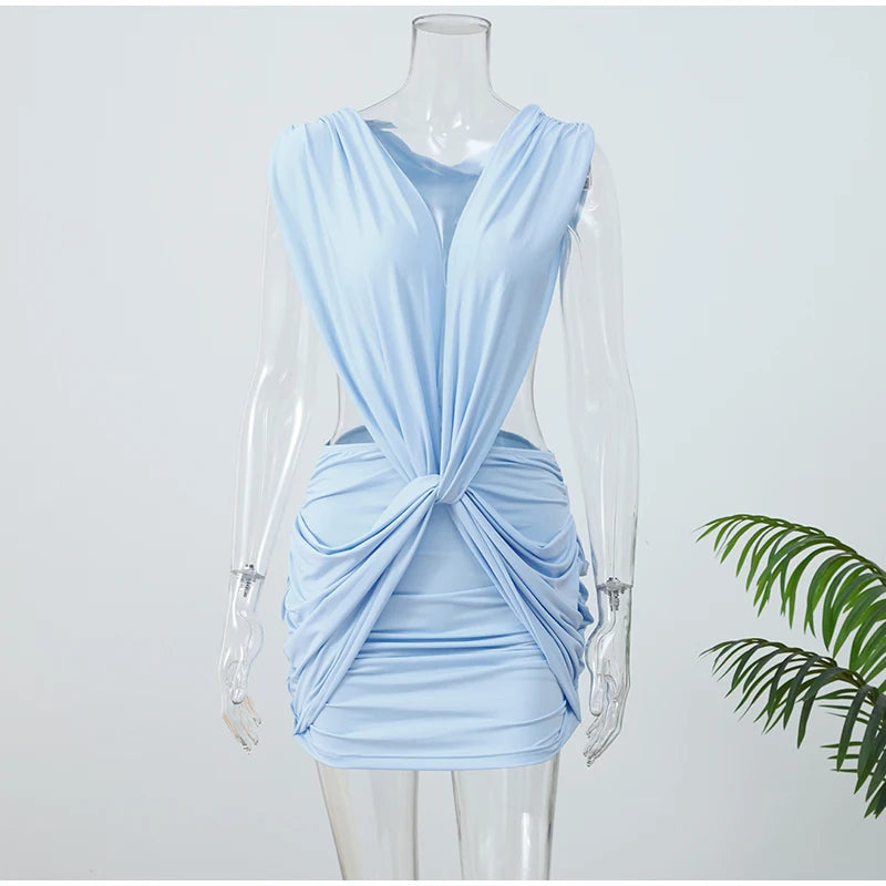 Sexy Blue Hollow-out Pleated Mini Dress Women Deep V-neck Sleeveless Backless Bodycon Vestidos 2026 New Lady Vacation Party Gown