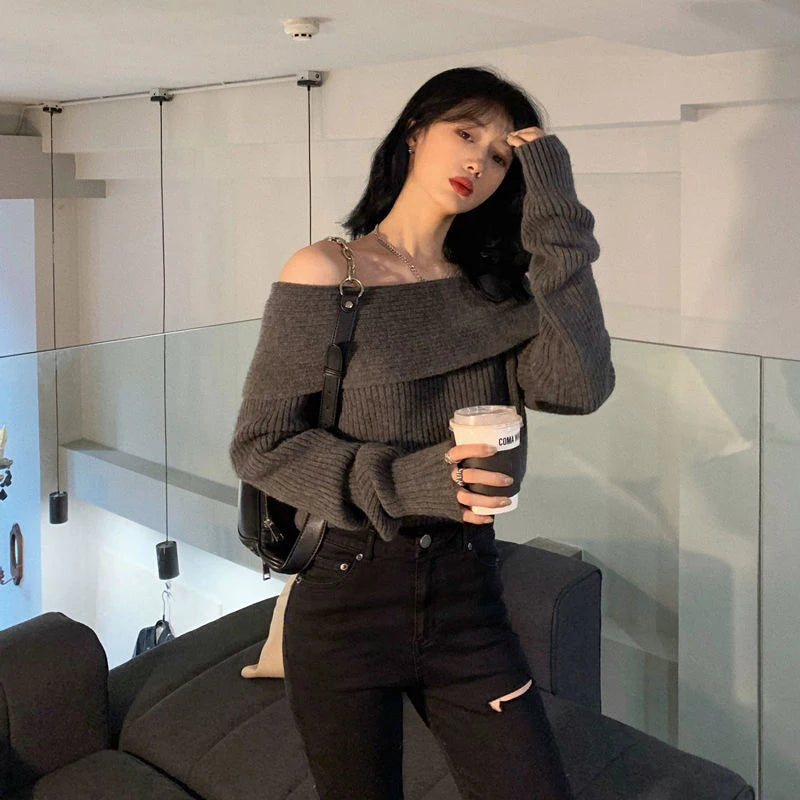 Smvp Slash Neck Knitted Sweater Women Sexy Off Shoulder Long Sleeve Pullovers Female Korean Elegant Thicken Slim Jumpers Top