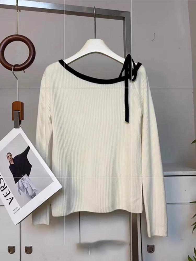 Fashion Autumn Women Knitted Top Pullover Off-shoulder Sweater Elegant Korean Style Knitwear Long Sleeve Casual Fall Clothing