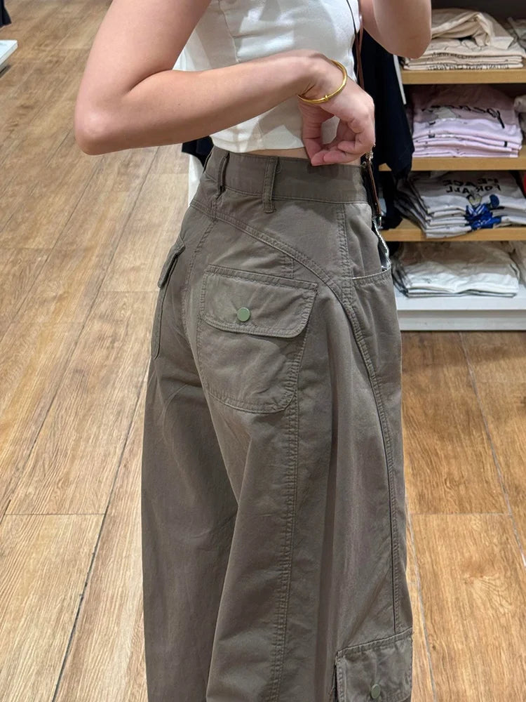 American Style plus Size Military Green Denim Pants Women's Spring Loose Slim Wide Leg Casual Trousers Multiple Pockets