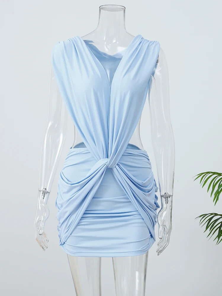 Sexy Blue Hollow-out Pleated Mini Dress Women Deep V-neck Sleeveless Backless Bodycon Vestidos 2026 New Lady Vacation Party Gown