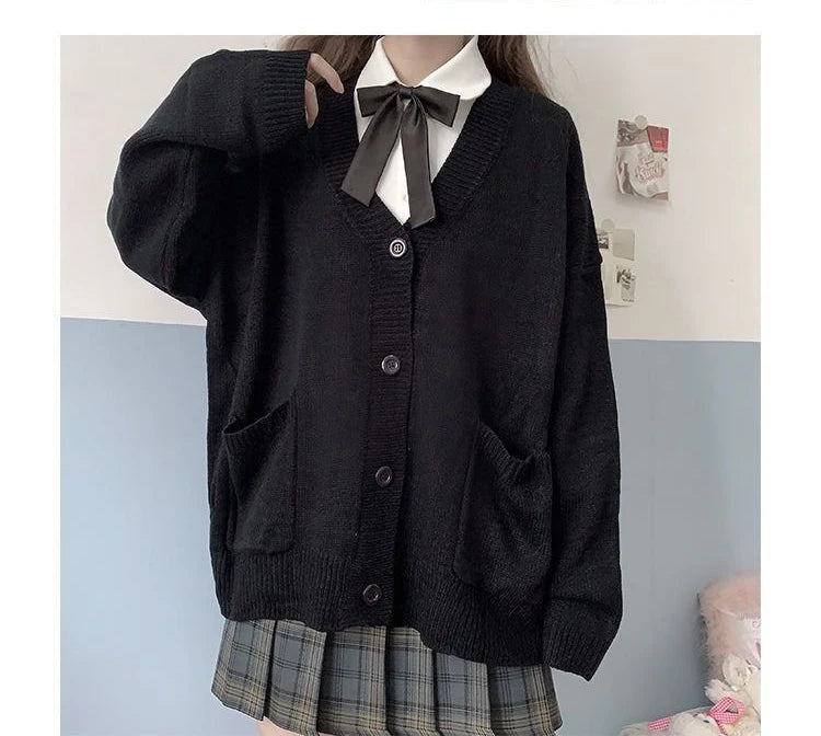 Japanese School Basic Sweaters Women Autumn Kawaii Solid V-neck Loose Knitted Cardigan Preppy Style Uniform Cosplay