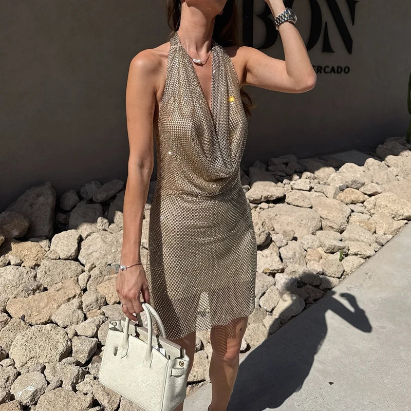 Sexy Swinging Collar Mesh Sequins Dress Hot Girl Sleeveless Backless Pleat Mini Dress Summer Pure Color Fit Cocktail Party Dress
