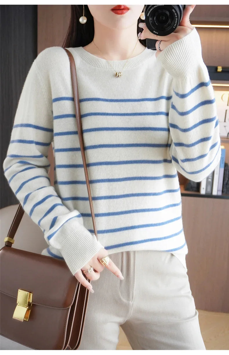 Women's Korean Version Spring Sweater With Dual Color Striped long Sleeved Round Neck New Pullover Sweater Made 100% Cotton  SMY