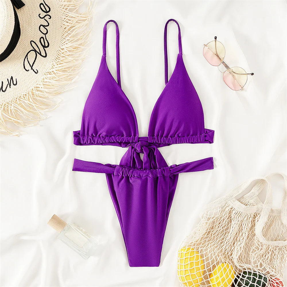 Purple Bikini Triangle Sling Extrem Push Up Swimsuit Backless Bandage Swimwear Women Holiday Beach Outfit Bathing Suit Sexys Set