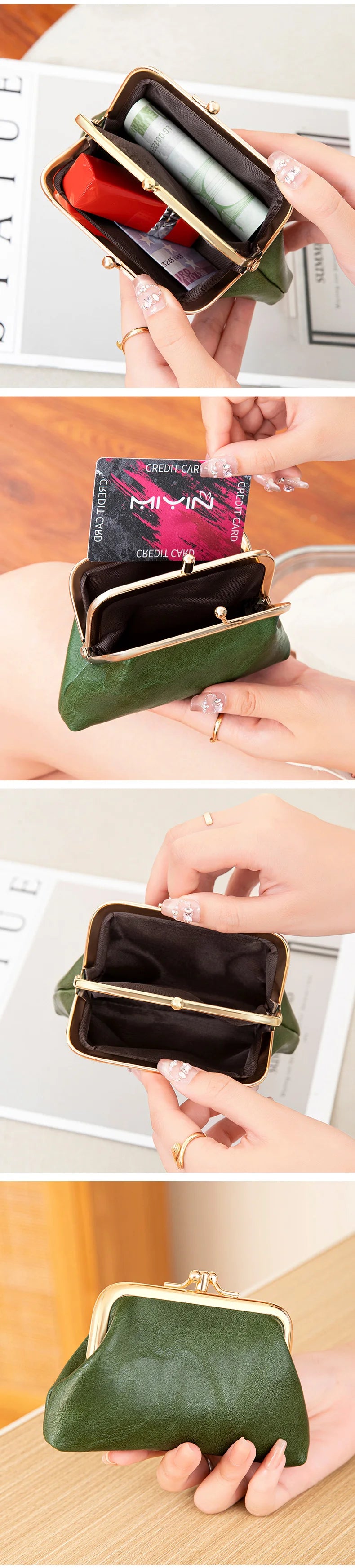Cute Clip Lock Women's Coin Purse Retro Solid Color Bifold Kiss Lock Small Wallet Simple PU Leather Lipstick Portable Pocket Bag