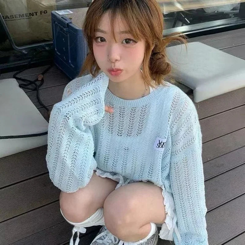 Korean Hollow Out Woman Tshirts  Long Sleeve O-neck Knitted T-shirt For Women Casual Fashion Summer sun protection clothing