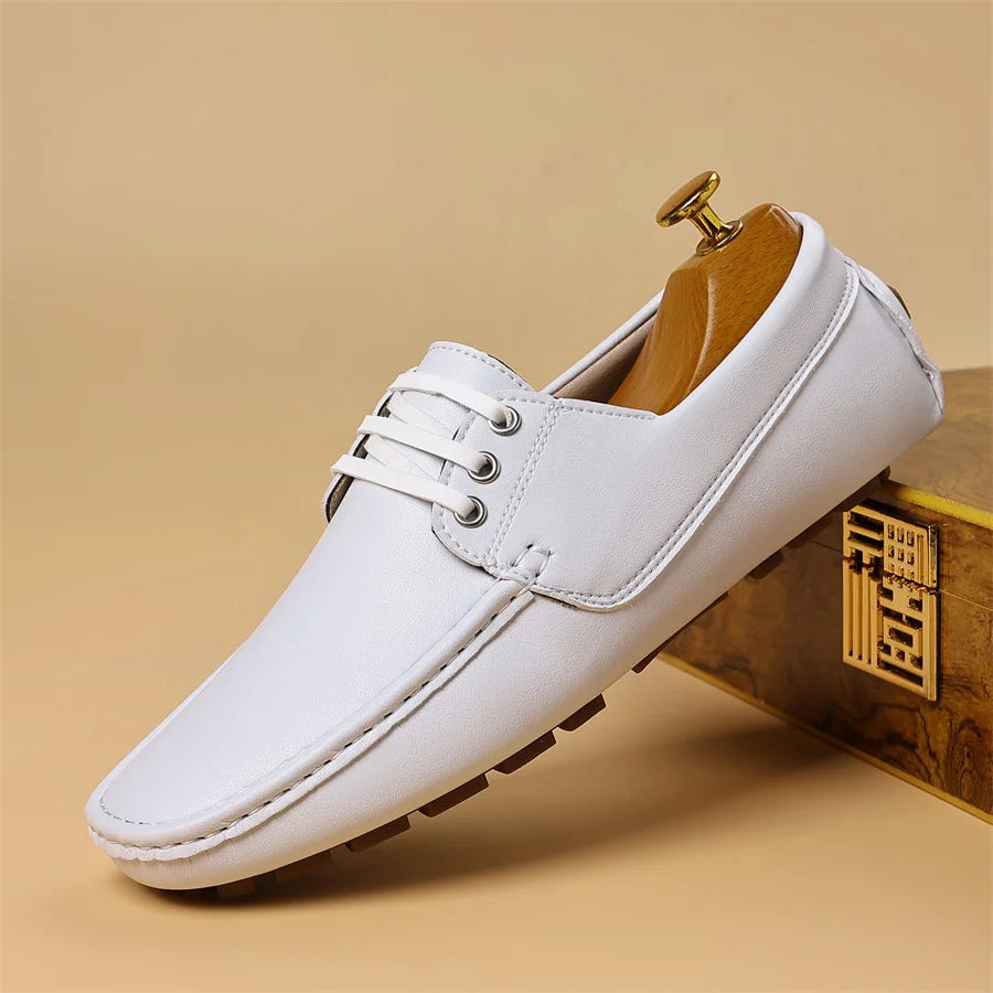 Men's Trendy Round Toe Loafer Shoes, Slip on Comfy Non Slip for Outdoor Walking Traveling Men's Soft PU Leather Lace-Up Casual