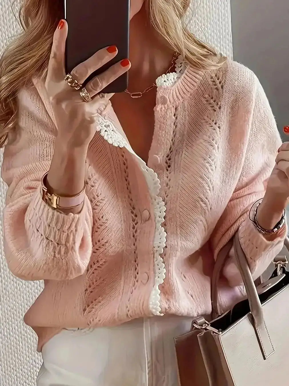 Gentle Style Short Sweater Women's Design Lace Cardigan Jacket Knitted Top