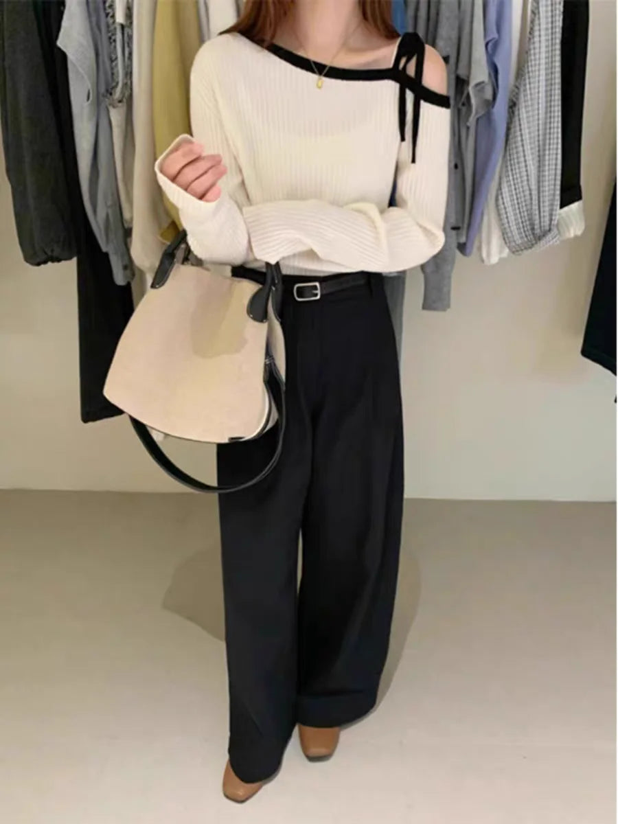 Fashion Autumn Women Knitted Top Pullover Off-shoulder Sweater Elegant Korean Style Knitwear Long Sleeve Casual Fall Clothing