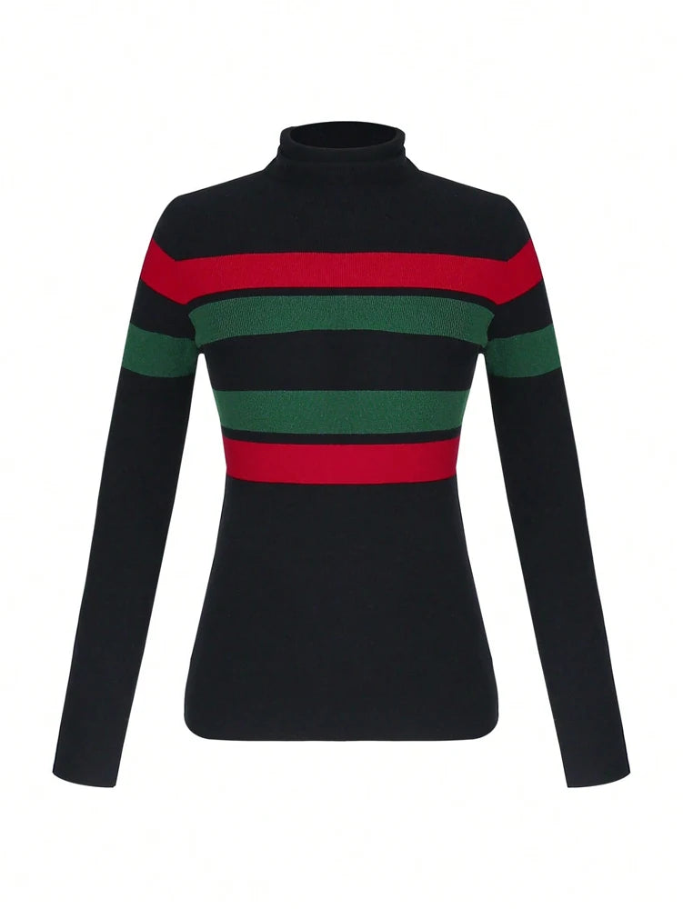Autumn/Winter Fashion Slim-Fit Sweater Women's High-Neck Straight-Shoulder Long-Sleeve Slim-Fit Striped Knit Pullover
