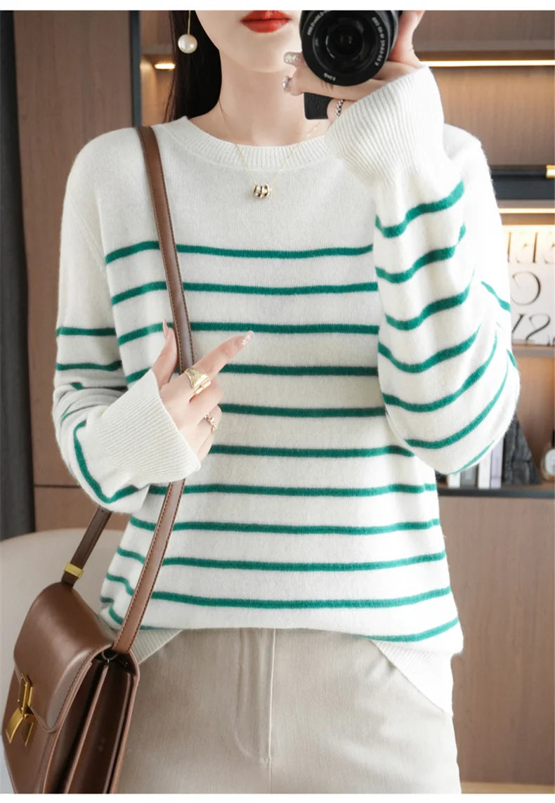Women's Korean Version Spring Sweater With Dual Color Striped long Sleeved Round Neck New Pullover Sweater Made 100% Cotton  SMY