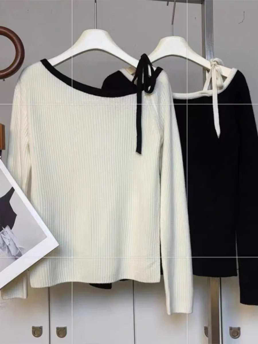 Fashion Autumn Women Knitted Top Pullover Off-shoulder Sweater Elegant Korean Style Knitwear Long Sleeve Casual Fall Clothing
