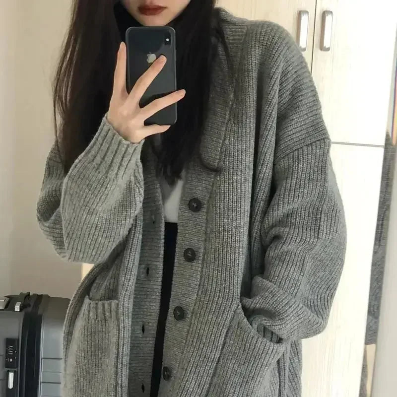 2024 New Preppy Style Women's Knit Sweater Cardigan Loose Fit V-neck Versatile Solid Color Korean Version Pullovers