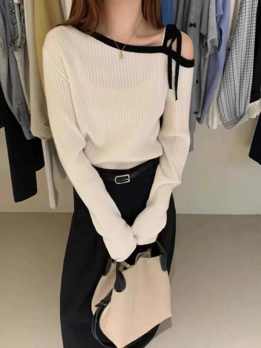 Fashion Autumn Women Knitted Top Pullover Off-shoulder Sweater Elegant Korean Style Knitwear Long Sleeve Casual Fall Clothing
