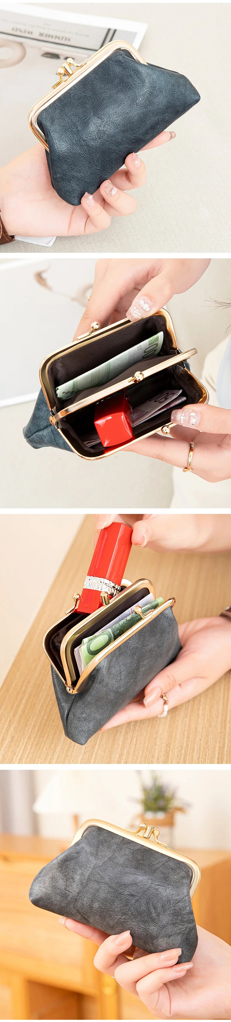 Cute Clip Lock Women's Coin Purse Retro Solid Color Bifold Kiss Lock Small Wallet Simple PU Leather Lipstick Portable Pocket Bag