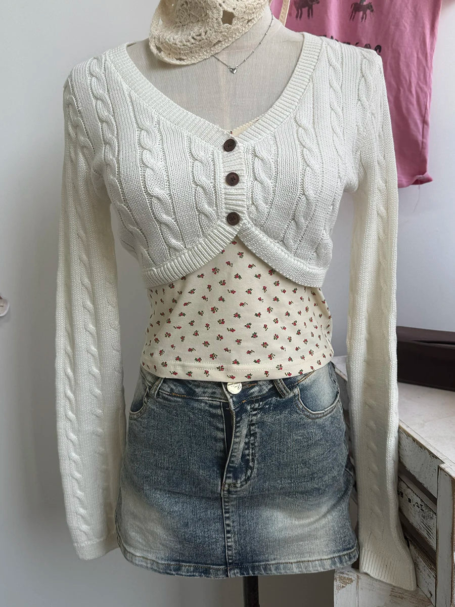 Twisted Flower Cropped Knitwear Women Cotton V-neck Single Breasted Long Sleeve Slim Crop Tops Vintage Chic Sweater Cardigan Y2K
