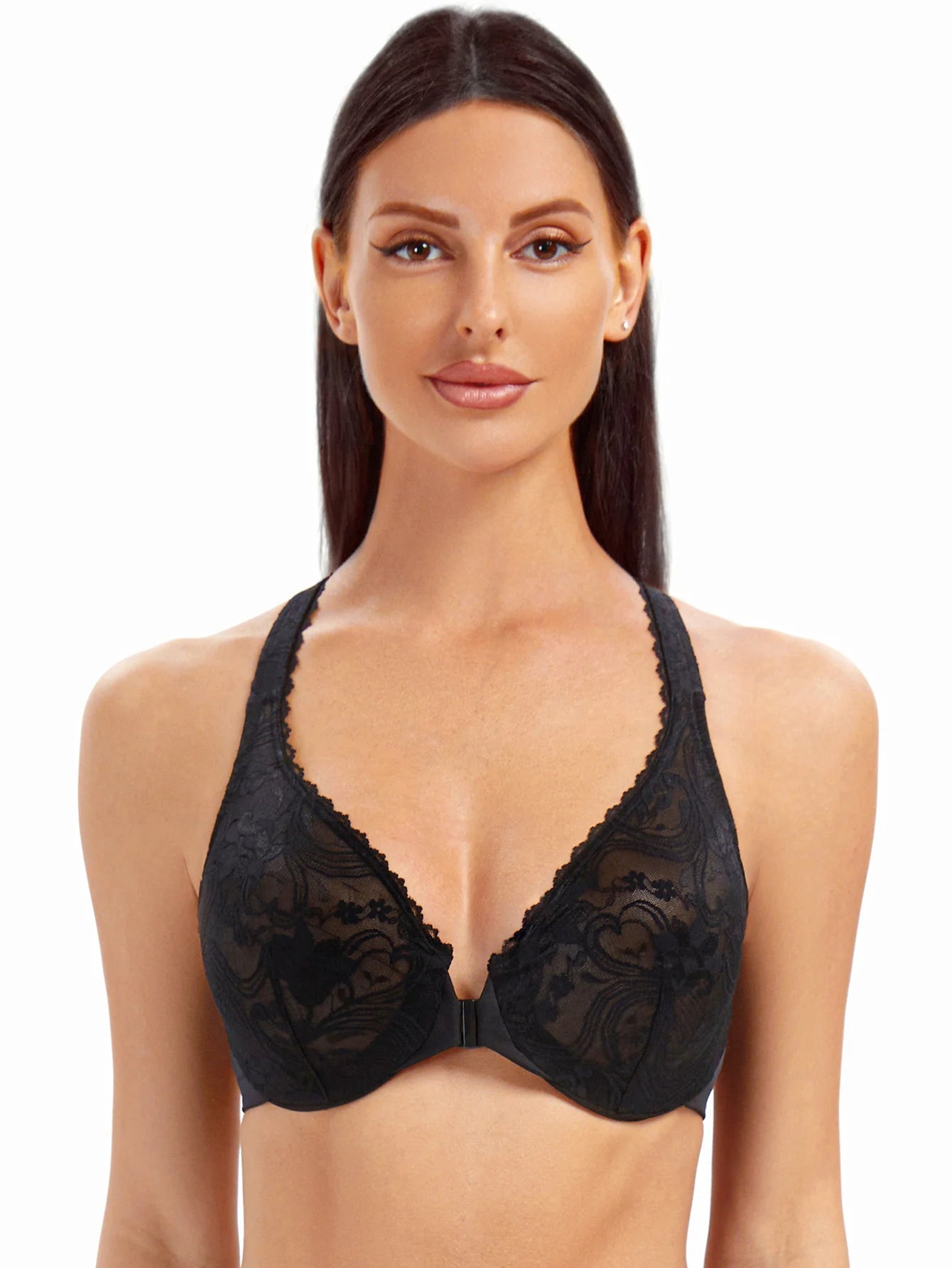 Plus Racerback Lace Underwire Front Closure Bra
