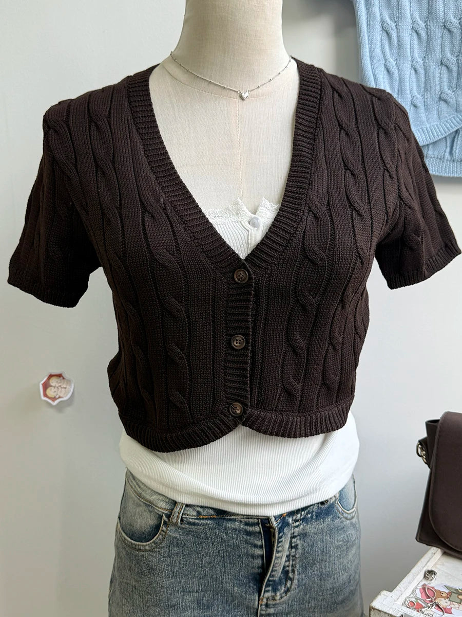 Twisted Flower Cropped Knitwear Women Cotton V-neck Single Breasted Long Sleeve Slim Crop Tops Vintage Chic Sweater Cardigan Y2K