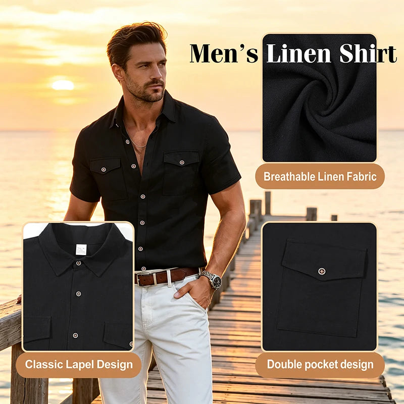 Men's Linen Casual Short Sleeve Shirt Lapel Collar Button Lightweight Breathable Summer Daily Beach Vacation Work Shirt for Men