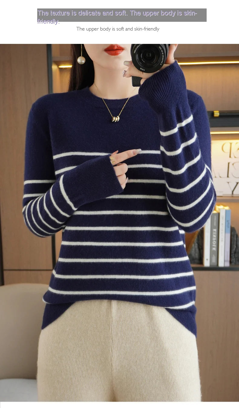 Women's Korean Version Spring Sweater With Dual Color Striped long Sleeved Round Neck New Pullover Sweater Made 100% Cotton  SMY