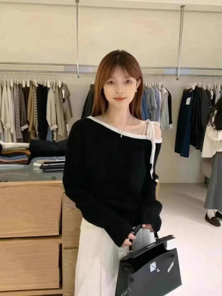 Fashion Autumn Women Knitted Top Pullover Off-shoulder Sweater Elegant Korean Style Knitwear Long Sleeve Casual Fall Clothing