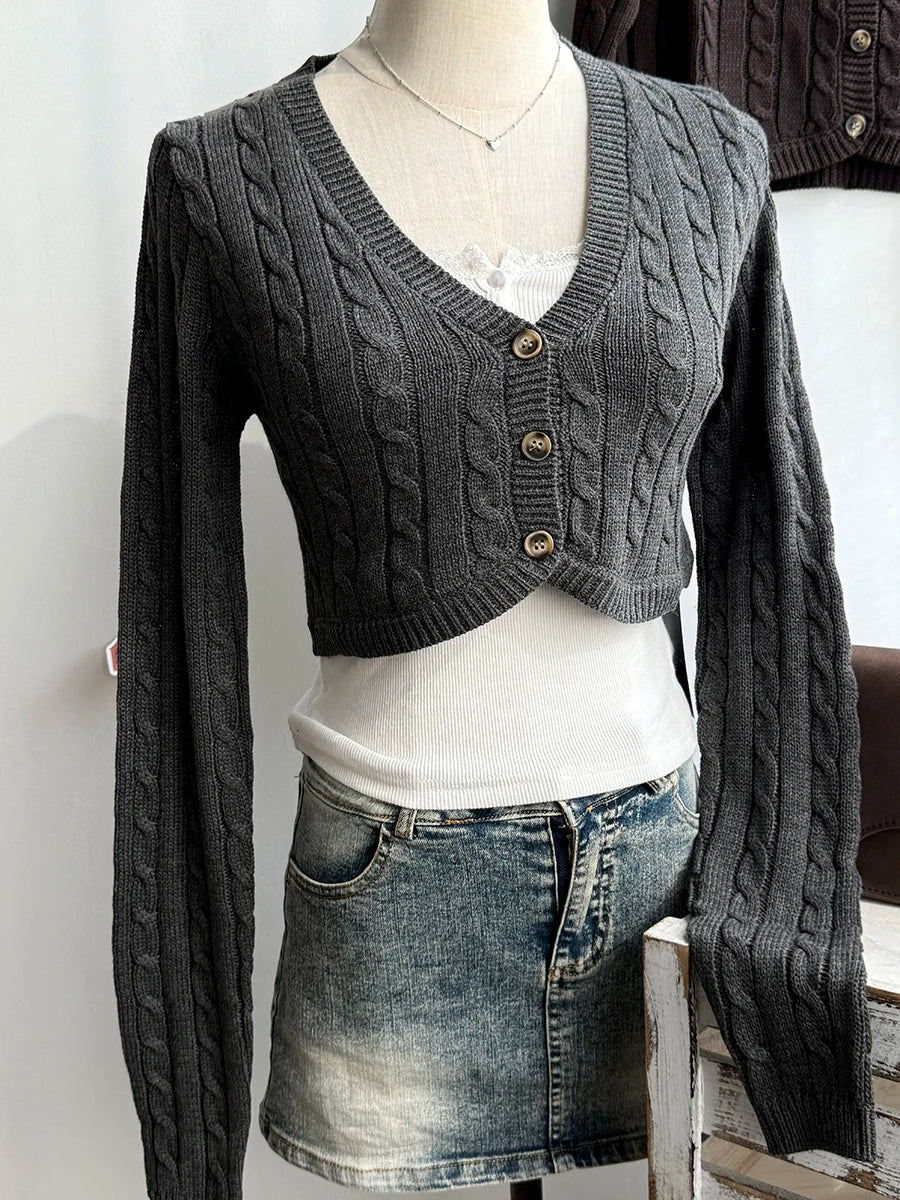 Twisted Flower Cropped Knitwear Women Cotton V-neck Single Breasted Long Sleeve Slim Crop Tops Vintage Chic Sweater Cardigan Y2K