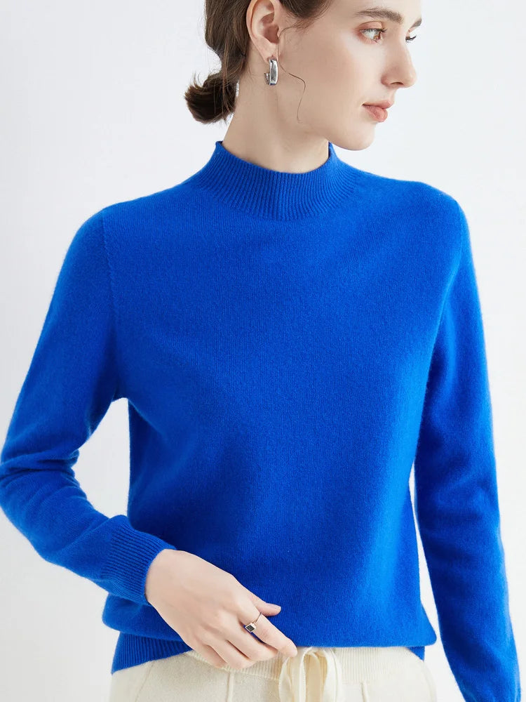 Women 100% Merino Wool Sweater For Autumn Winter  First Line Seamless Half-high Collar Pullover Basic Top OL Solid Soft Cashmere