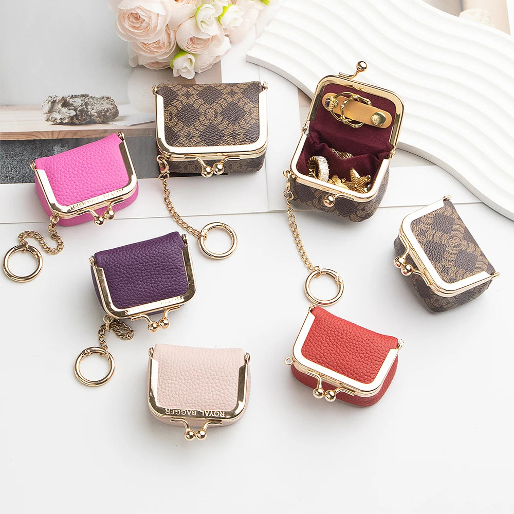 Royal Bagger Wallet Genuine Leather Kiss Lock Coin Purse Solid Color Square Leather Jewelry Bag Multifunctional Mini Small Item
