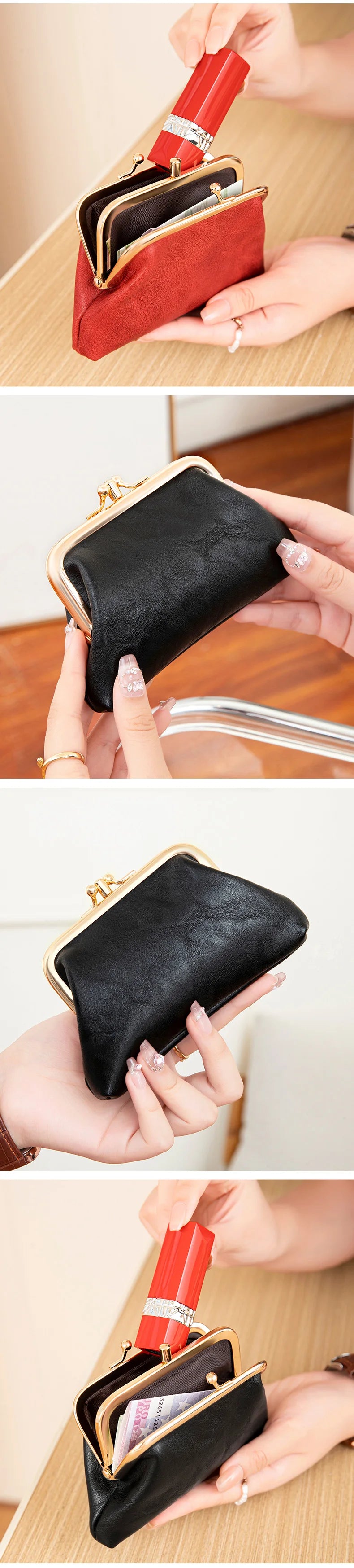 Cute Clip Lock Women's Coin Purse Retro Solid Color Bifold Kiss Lock Small Wallet Simple PU Leather Lipstick Portable Pocket Bag