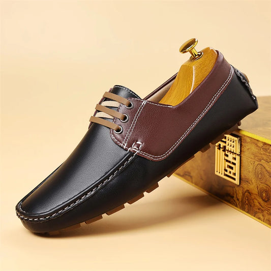 Men's Trendy Round Toe Loafer Shoes, Slip on Comfy Non Slip for Outdoor Walking Traveling Men's Soft PU Leather Lace-Up Casual