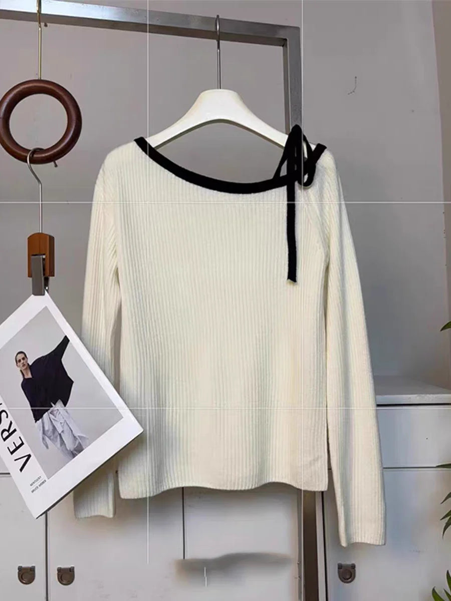 Fashion Autumn Women Knitted Top Pullover Off-shoulder Sweater Elegant Korean Style Knitwear Long Sleeve Casual Fall Clothing