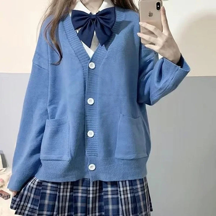 Japanese School Basic Sweaters Women Autumn Kawaii Solid V-neck Loose Knitted Cardigan Preppy Style Uniform Cosplay