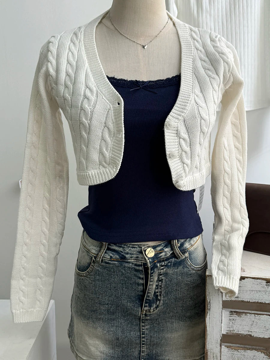 Twisted Flower Cropped Knitwear Women Cotton V-neck Single Breasted Long Sleeve Slim Crop Tops Vintage Chic Sweater Cardigan Y2K