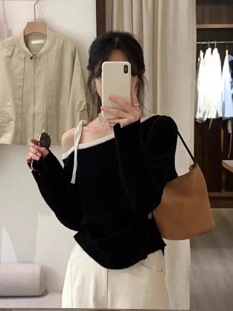Fashion Autumn Women Knitted Top Pullover Off-shoulder Sweater Elegant Korean Style Knitwear Long Sleeve Casual Fall Clothing