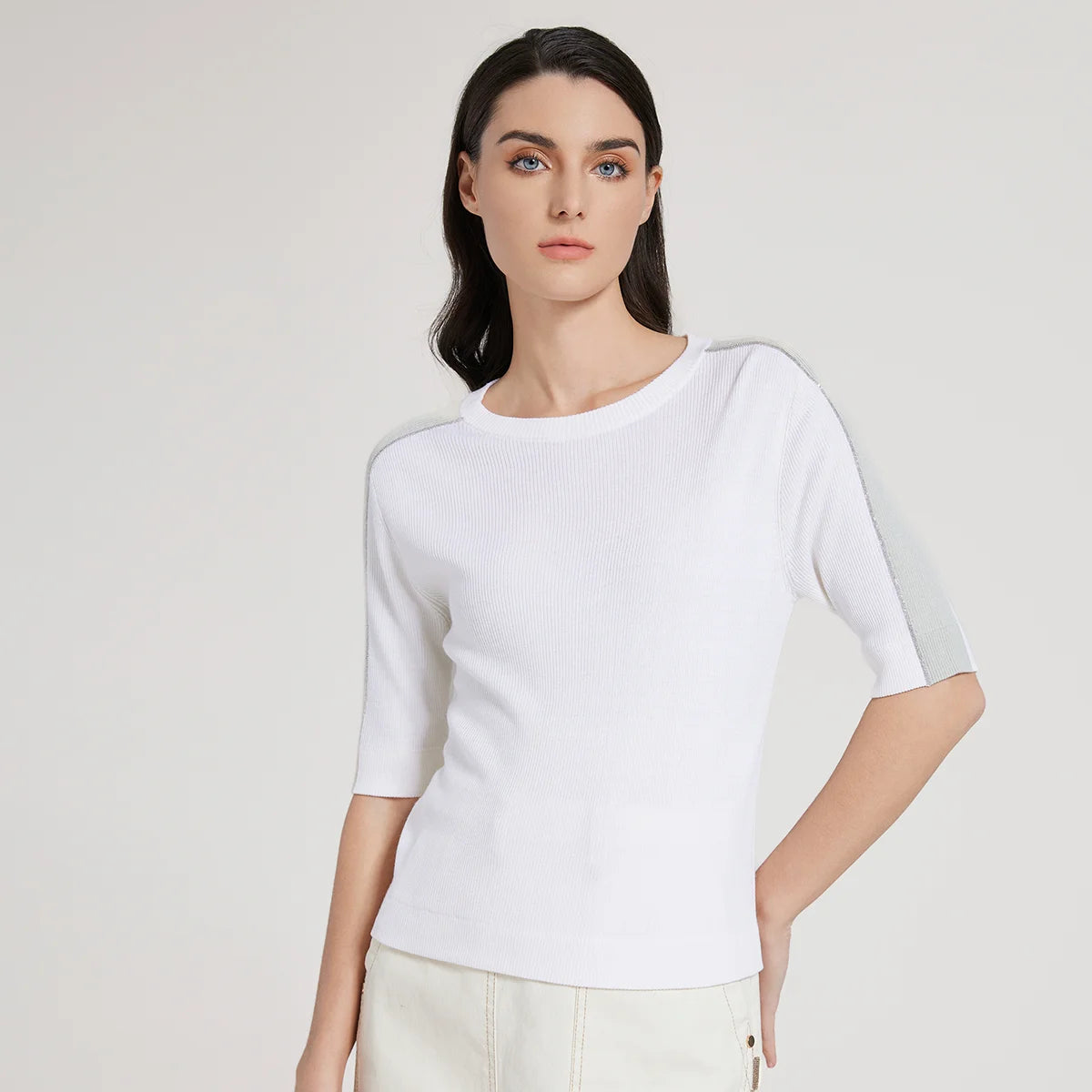 BC1042 Silk Merino Wool Blend Contrast Color Pullover Knitted Sweater for Women Luxury Summer Woolen Ladies Clothing