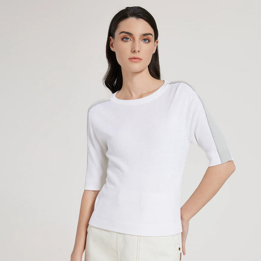 BC1042 Silk Merino Wool Blend Contrast Color Pullover Knitted Sweater for Women Luxury Summer Woolen Ladies Clothing
