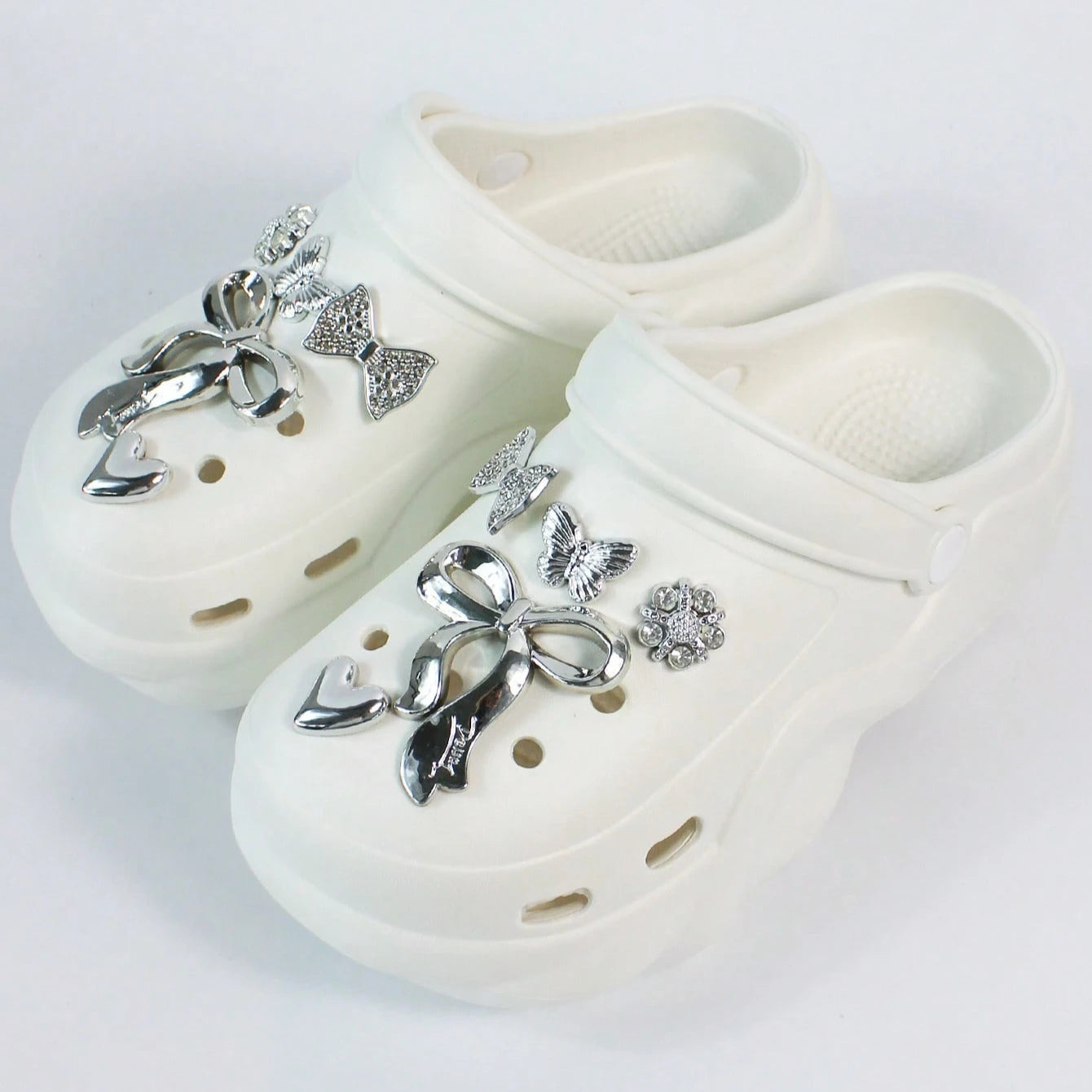 Women DIY Silver Butterfly-Knot Fashion Bow Decor Clogs Summer Sping Autumn Beach Sandals Cave Hole Garden Shoes Students Girls