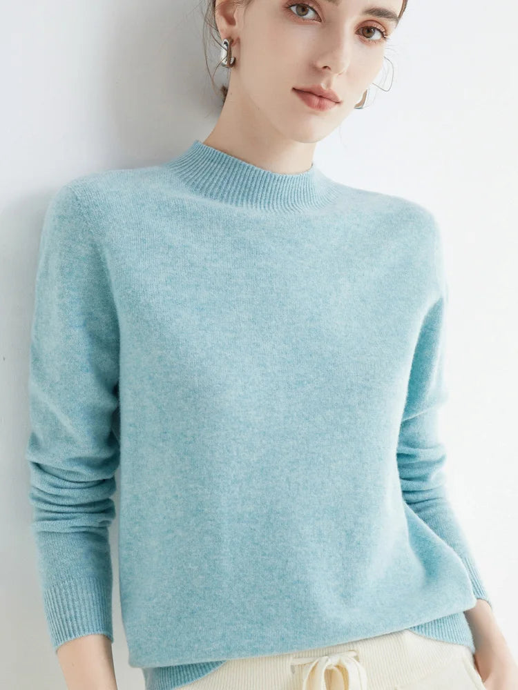 Women 100% Merino Wool Sweater For Autumn Winter  First Line Seamless Half-high Collar Pullover Basic Top OL Solid Soft Cashmere