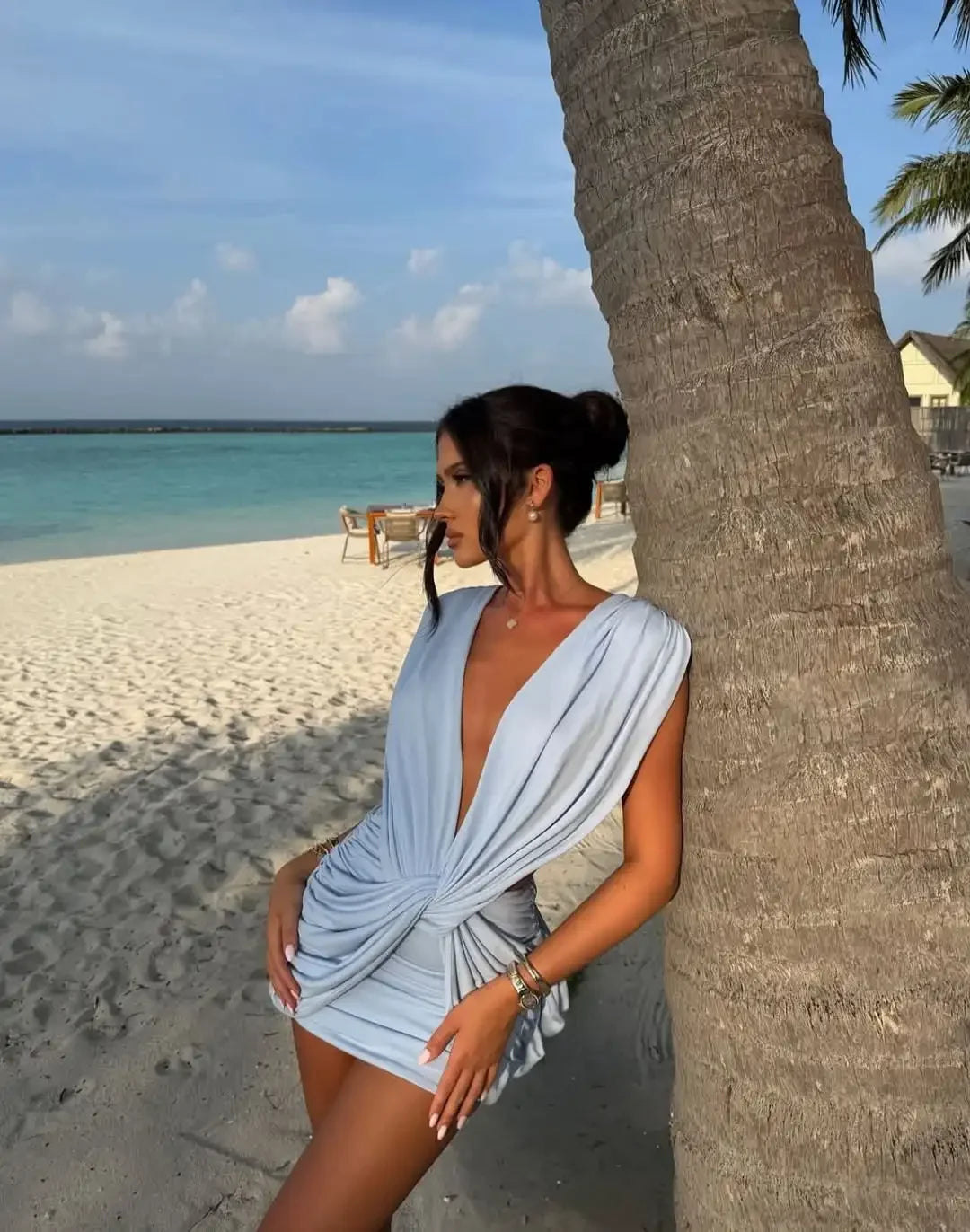 Sexy Blue Hollow-out Pleated Mini Dress Women Deep V-neck Sleeveless Backless Bodycon Vestidos 2026 New Lady Vacation Party Gown