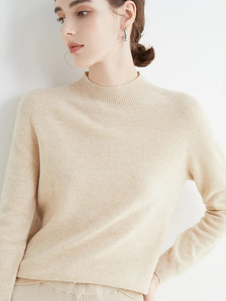 Women 100% Merino Wool Sweater For Autumn Winter  First Line Seamless Half-high Collar Pullover Basic Top OL Solid Soft Cashmere
