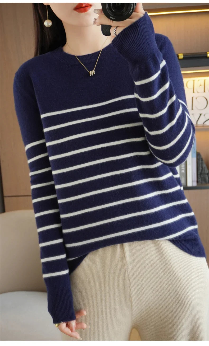 Women's Korean Version Spring Sweater With Dual Color Striped long Sleeved Round Neck New Pullover Sweater Made 100% Cotton  SMY